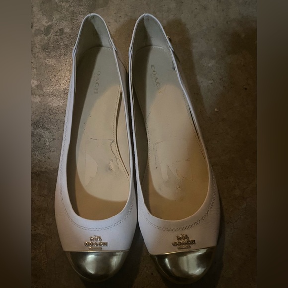 Coach Shoes - Coach White Leather Ballet Flats with Gold Cap Toe